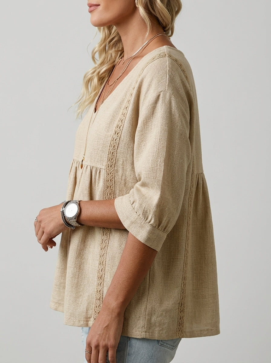 Casual Linen Cotton Lace-Trim Babydoll Blouse in Beige - V-Neck 3/4 Sleeve Top
