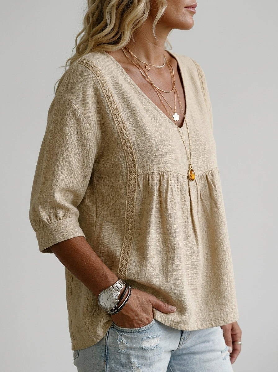 Casual Linen Cotton Lace-Trim Babydoll Blouse in Beige - V-Neck 3/4 Sleeve Top