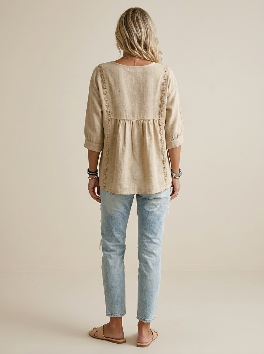 Casual Linen Cotton Lace-Trim Babydoll Blouse in Beige - V-Neck 3/4 Sleeve Top