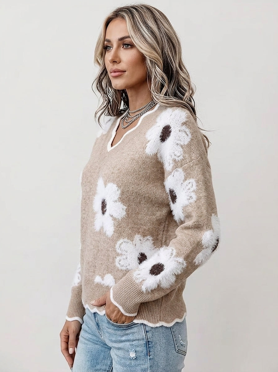 Fuzzy Daisy Print Knit Sweater - Beige Scalloped V-Neck Floral Pullover