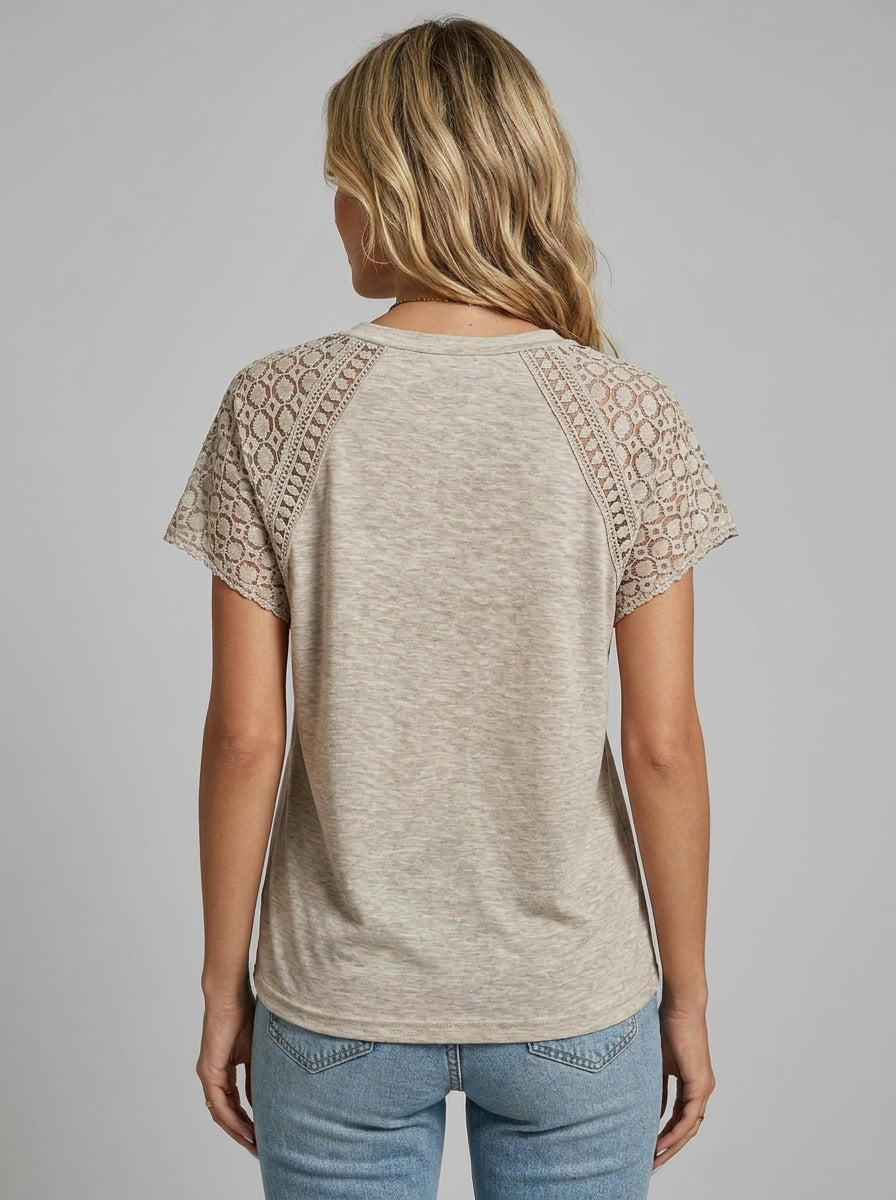 Raglan Sleeve Lace Patchwork Top - Round Neck Short Sleeve Blouse