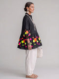 Neon Polka Dot Peplum Tunic - Black Ruffle V-Neck Bishop Sleeve Blouse