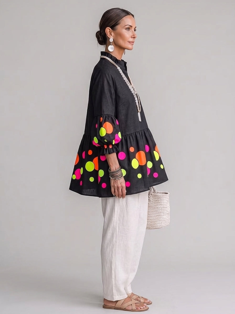 Neon Polka Dot Peplum Tunic - Black Ruffle V-Neck Bishop Sleeve Blouse