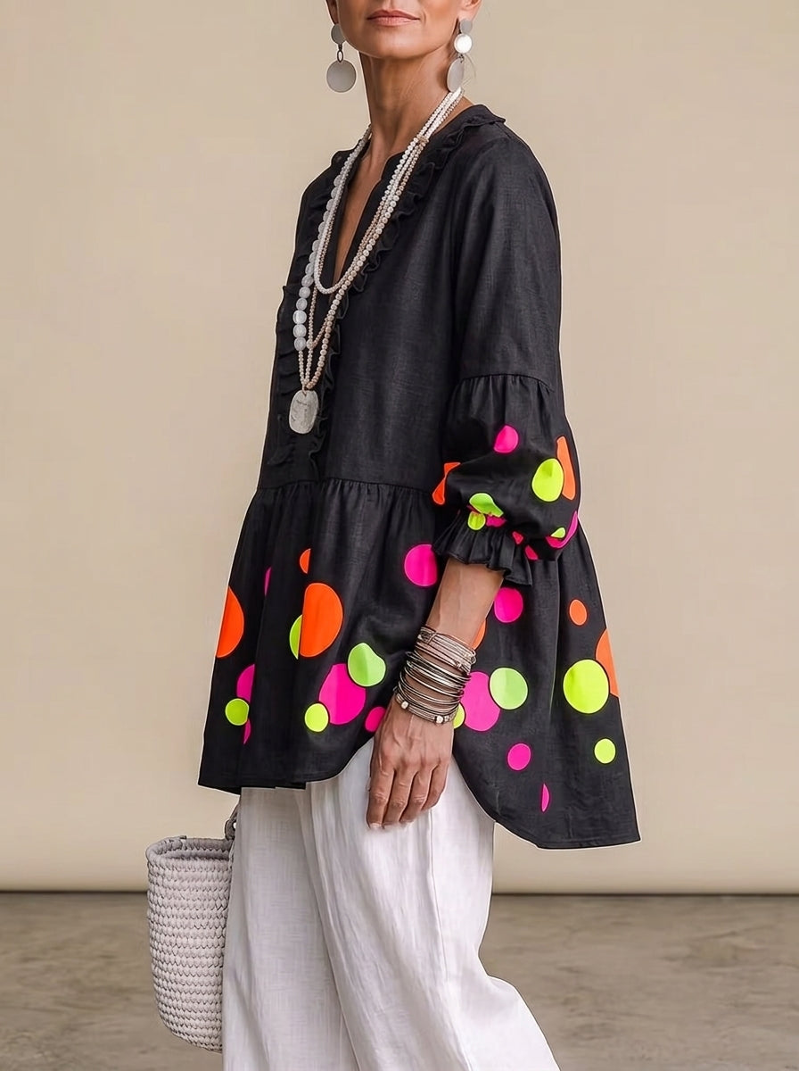 Neon Polka Dot Peplum Tunic - Black Ruffle V-Neck Bishop Sleeve Blouse