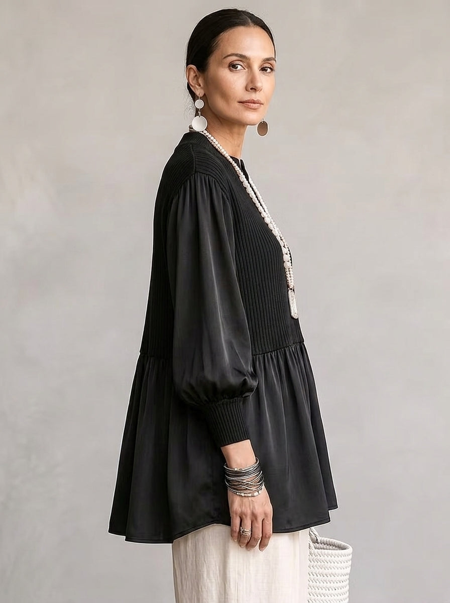 Ribbed Peplum Mixed-Media Tunic - Black Split V-Neck Bishop Sleeve Blouse