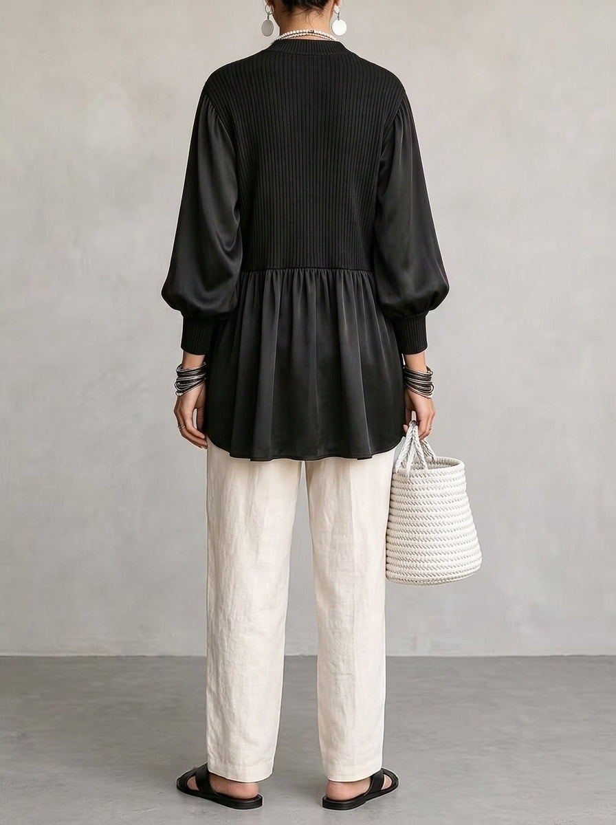 Ribbed Peplum Mixed-Media Tunic - Black Split V-Neck Bishop Sleeve Blouse