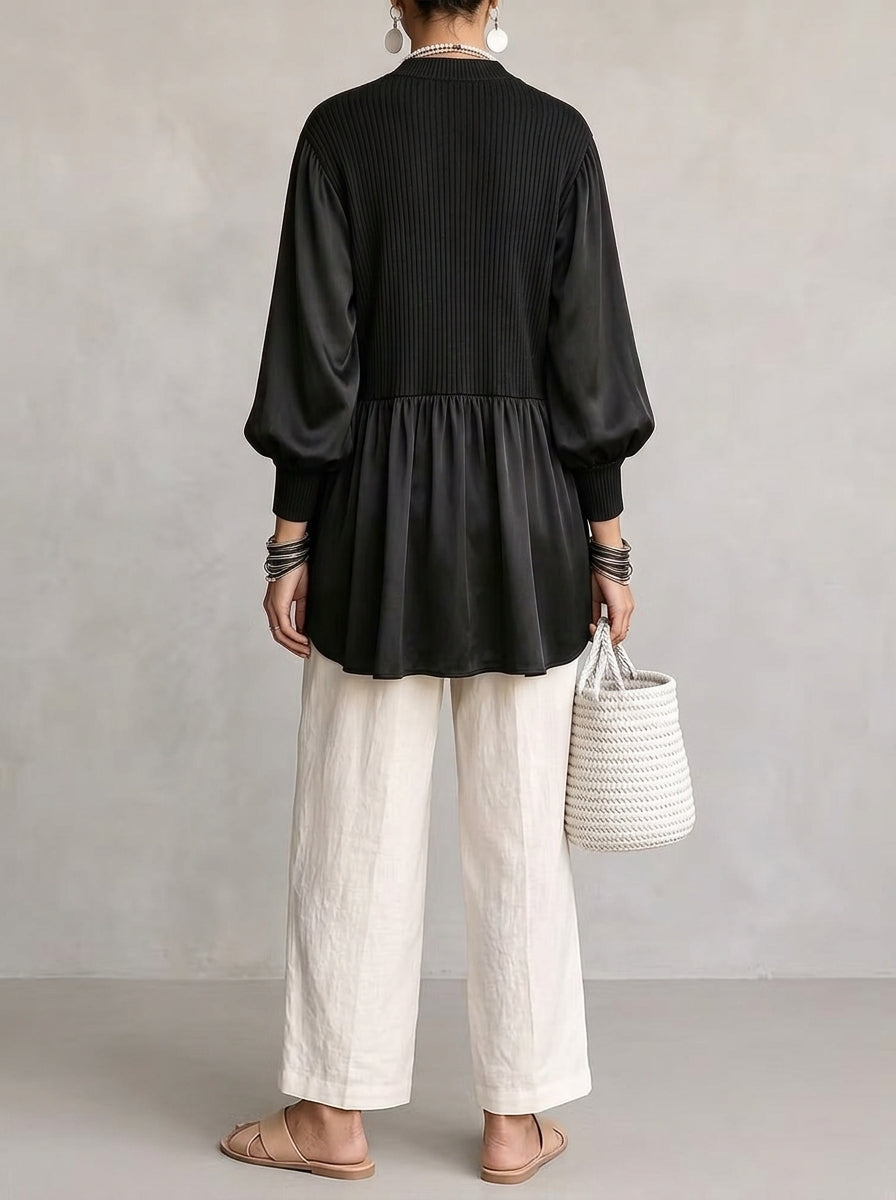 Ribbed Peplum Mixed-Media Tunic - Black Split V-Neck Bishop Sleeve Blouse