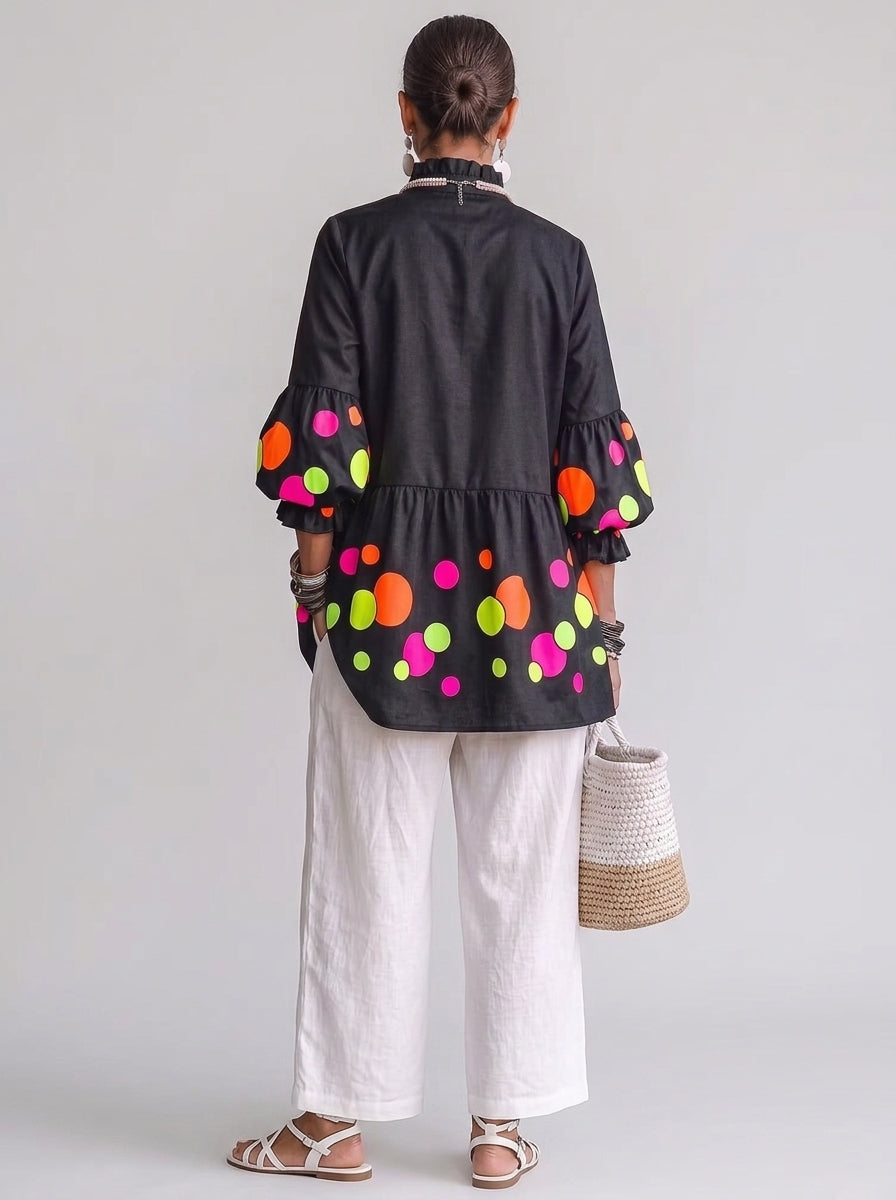 Neon Polka Dot Peplum Tunic - Black Ruffle V-Neck Bishop Sleeve Blouse