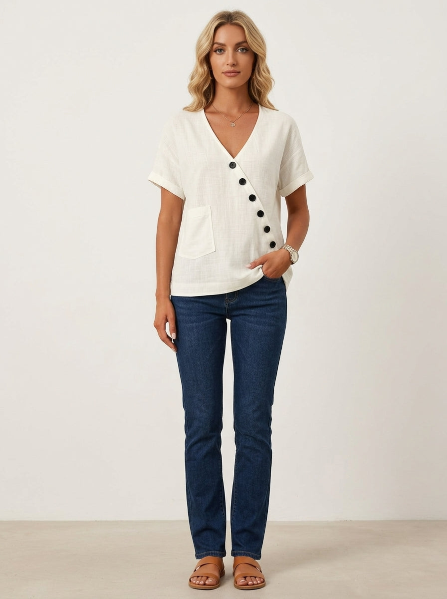 White Asymmetric Button Blouse - V-Neck Patch Pocket Casual Top
