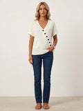 White Asymmetric Button Blouse - V-Neck Patch Pocket Casual Top
