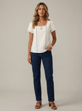White Square Neck Contrast Stitch Blouse - Two-Button Casual Top