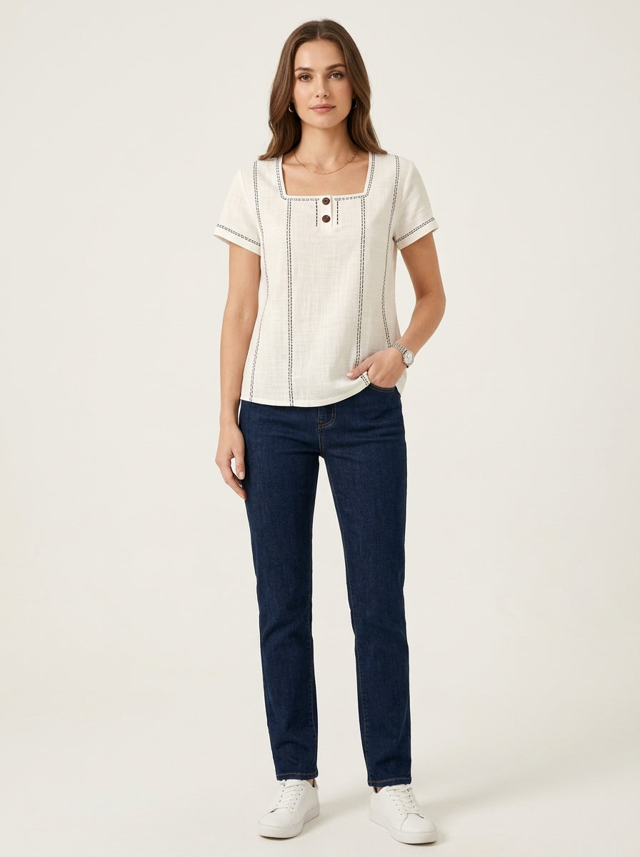 White Square Neck Contrast Stitch Blouse - Two-Button Casual Top