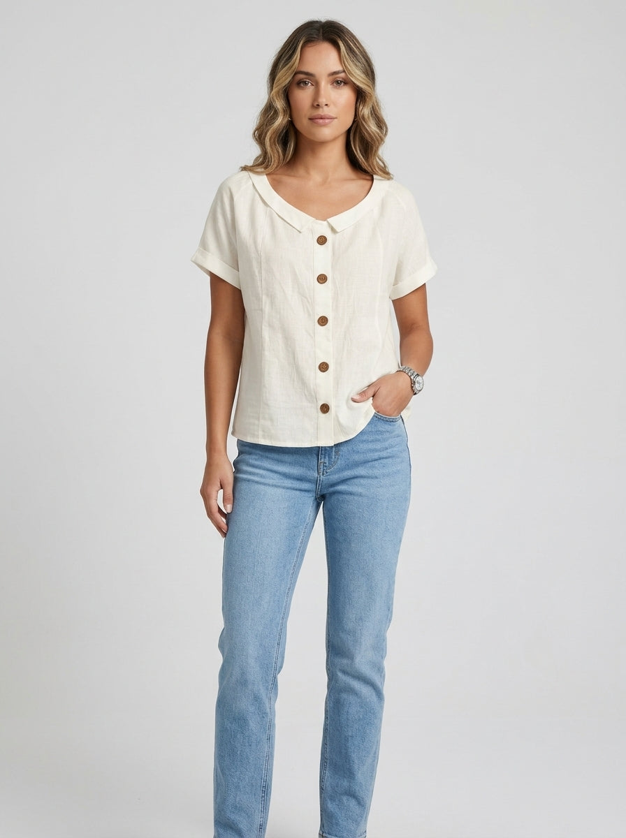 White Collared Button-Front Blouse - Casual Cotton Short Sleeve Top