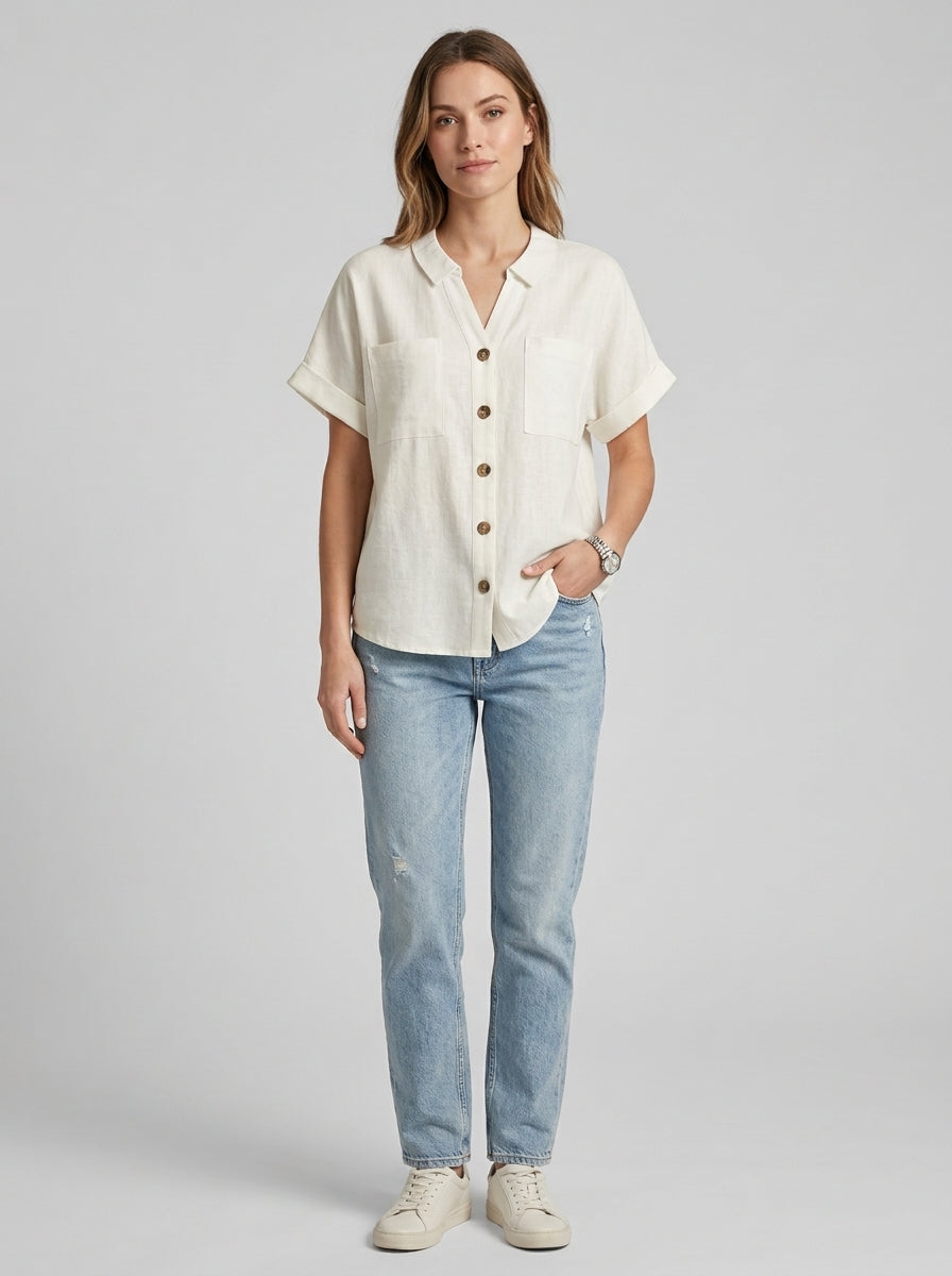 White Collared Button-Front Blouse - Casual Cotton Short Sleeve Top