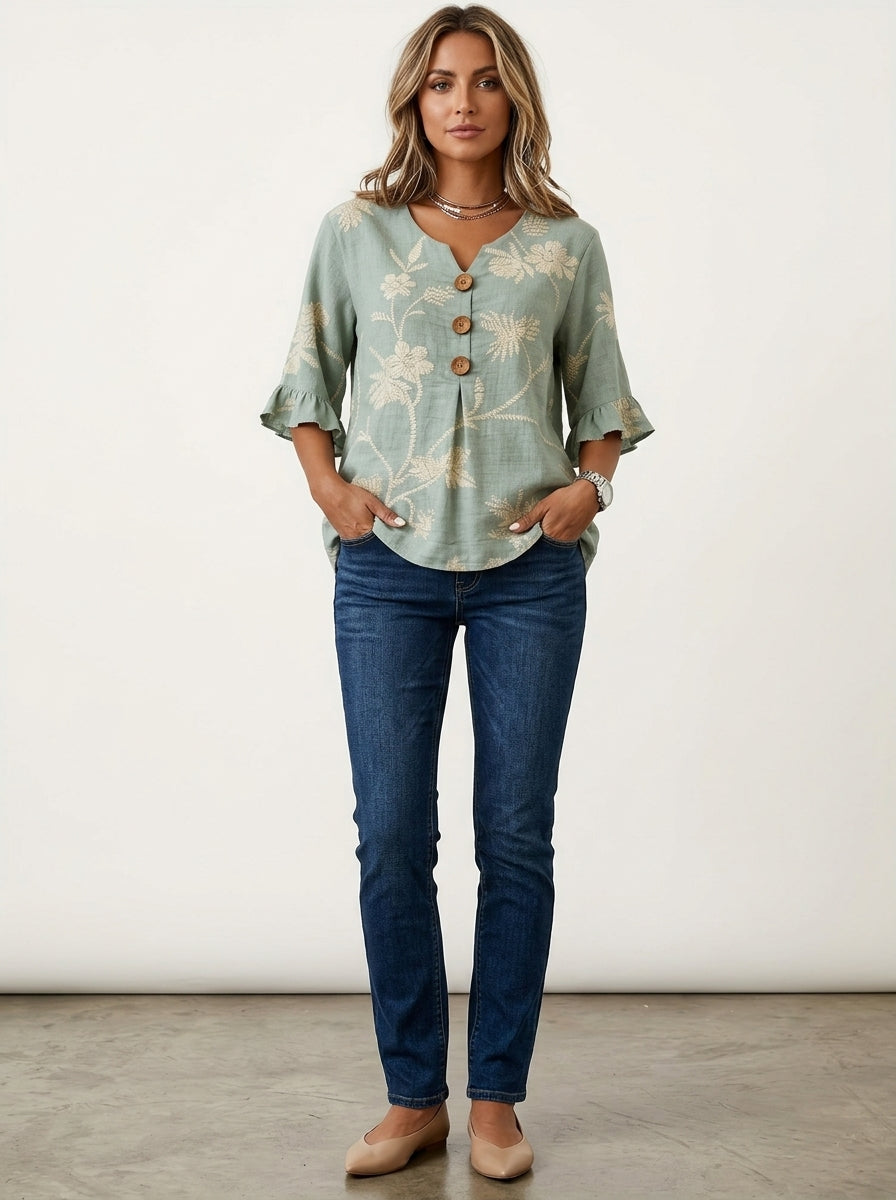 Sage Green Floral Print Blouse - Wood Button Ruffle Sleeve Top