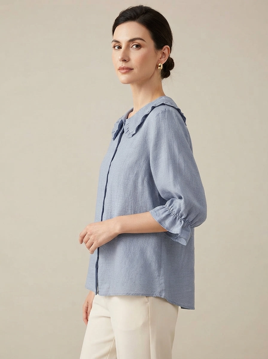 Blue Peter Pan Collar Blouse - Ruffle Trim Loose Fit Button Shirt