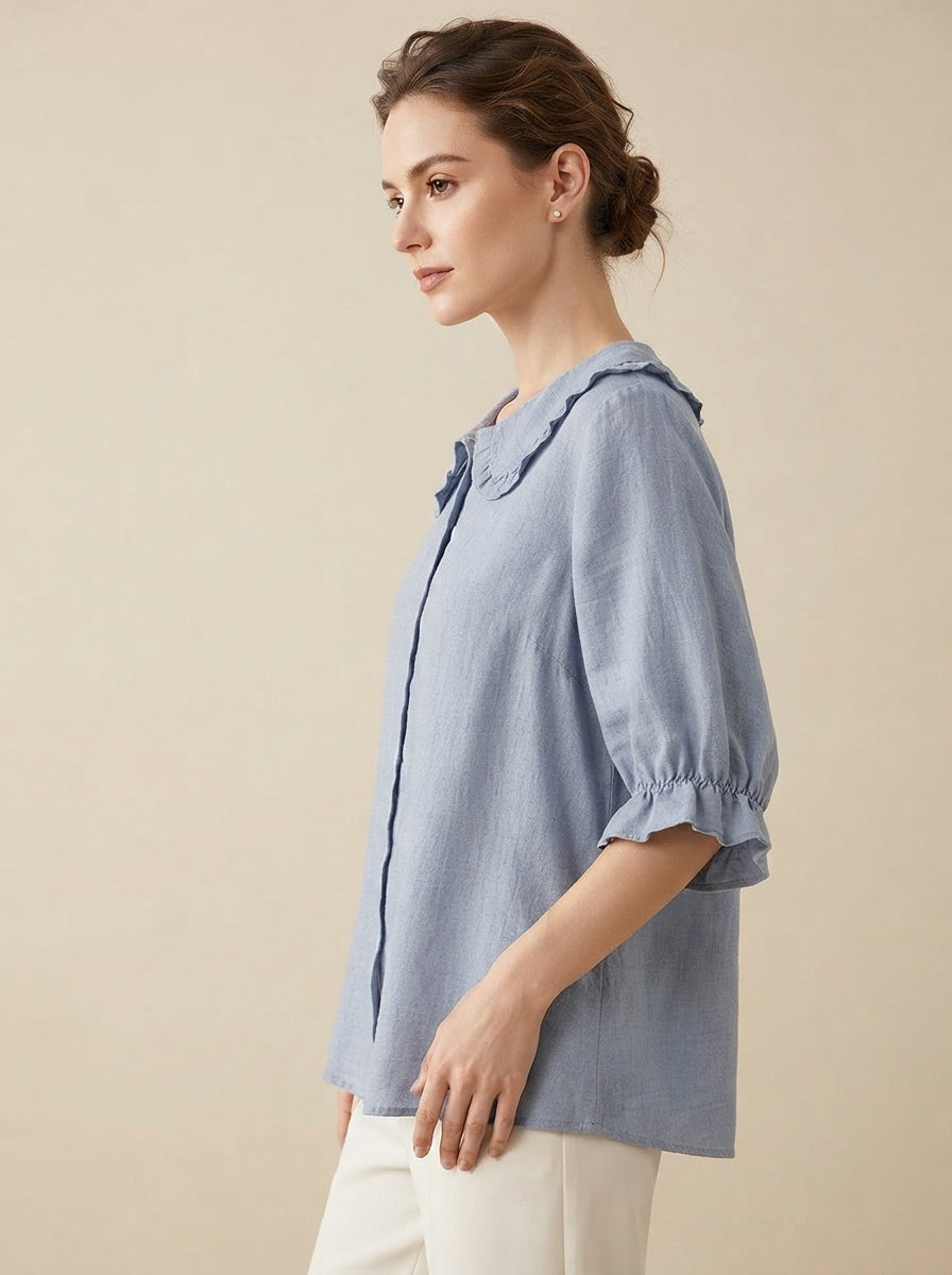 Blue Peter Pan Collar Blouse - Ruffle Trim Loose Fit Button Shirt