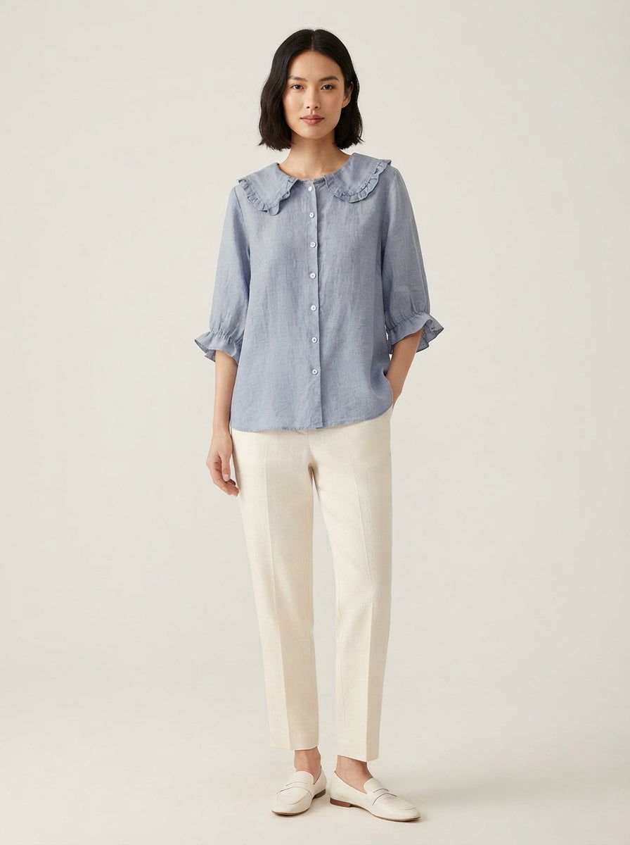 Blue Peter Pan Collar Blouse - Ruffle Trim Loose Fit Button Shirt