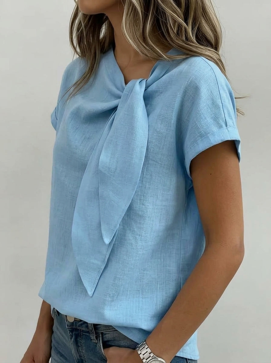 Casual Linen Cotton Tie-Neck Blouse in Light Blue - Short Sleeve Draped Bow Top