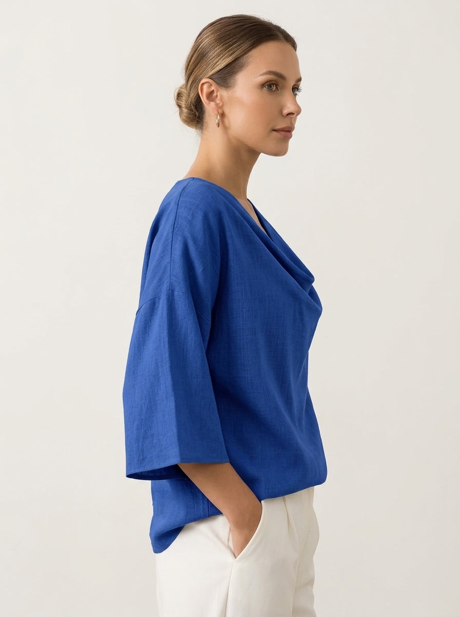 Elegant Cotton Linen Blouse - Blue Cowl Neck 3/4 Sleeve Top