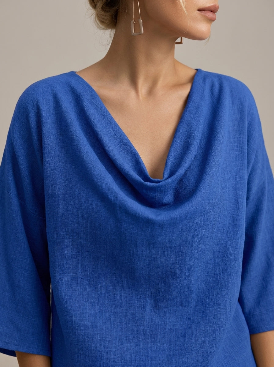 Elegant Cotton Linen Blouse - Blue Cowl Neck 3/4 Sleeve Top