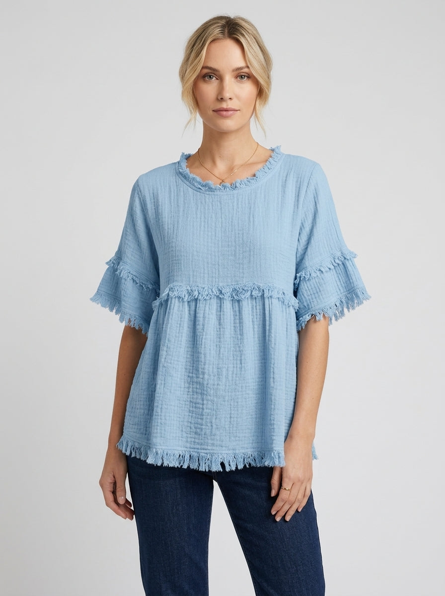 Blue Frayed Trim Round Neck Blouse - Boho Cotton Linen Raw Hem Top