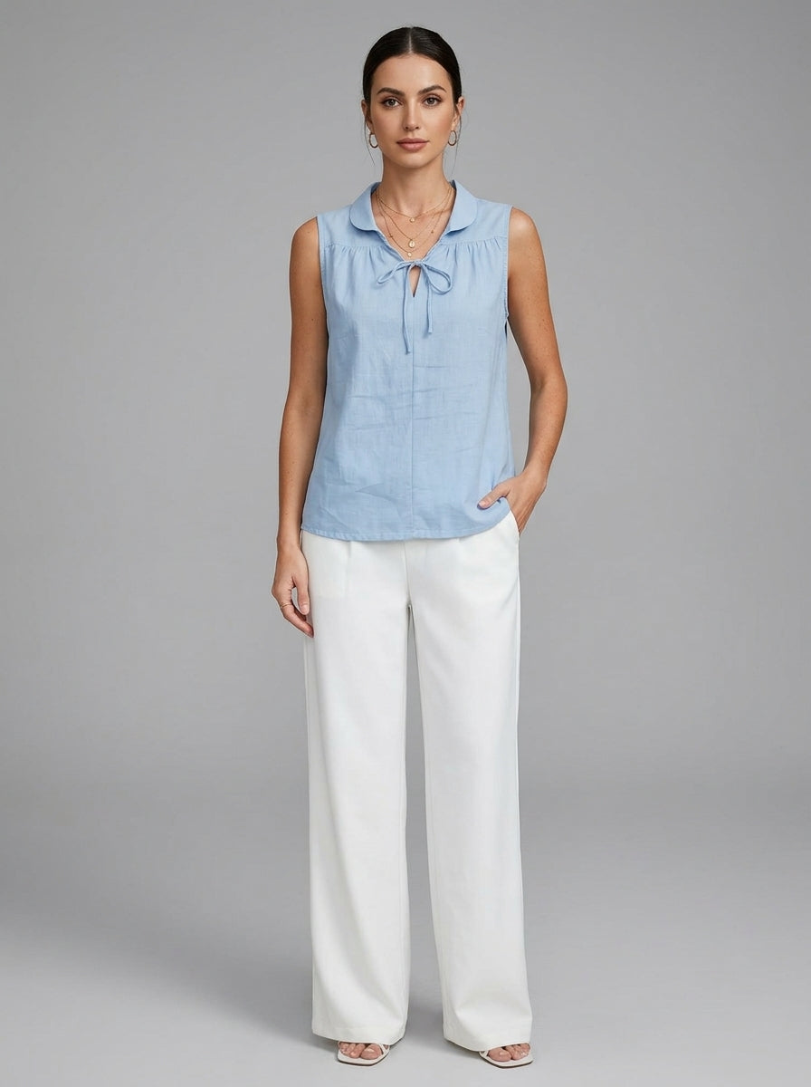 Light Blue Tie-Neck Collared Blouse - Sleeveless Cotton Top