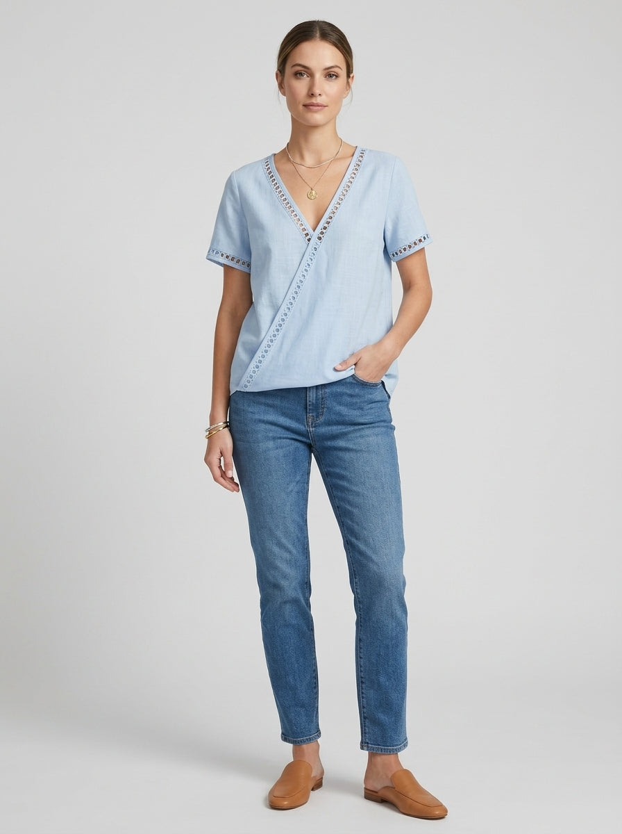 Blue Eyelet Trim V-Neck Blouse - Faux Wrap Short Sleeve Cotton Top