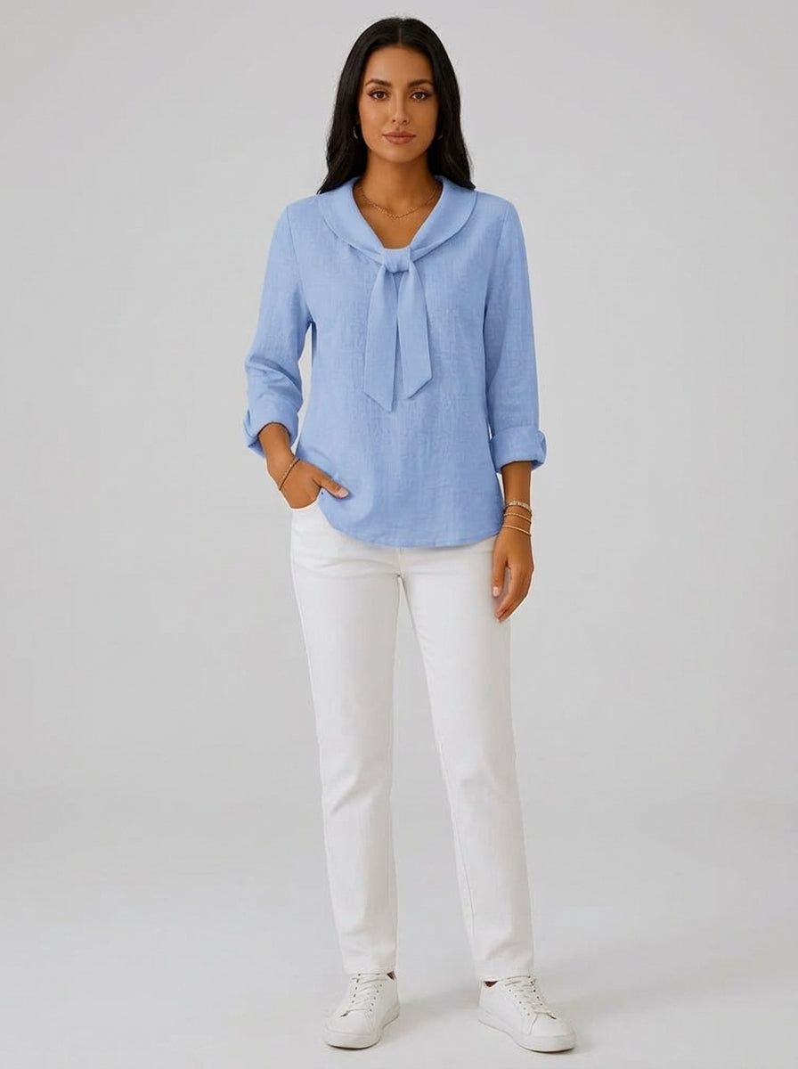 Light Blue Tie-Neck Blouse - Long Sleeve Notched Collar Casual Top