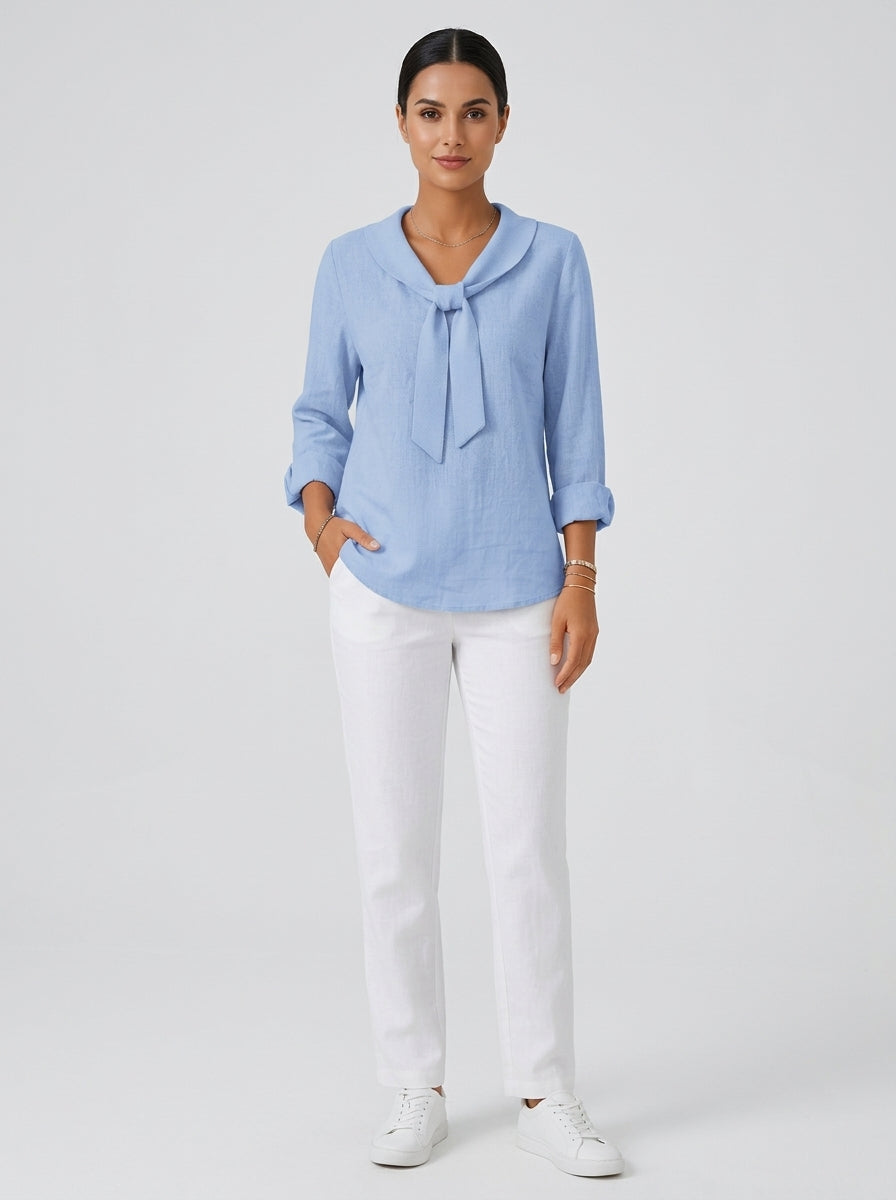 Light Blue Tie-Neck Blouse - Long Sleeve Notched Collar Casual Top