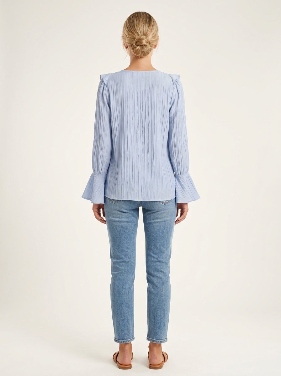 Ruffled Tie-Neck Textured Blouse - Light Blue Bell Sleeve Crinkle Top