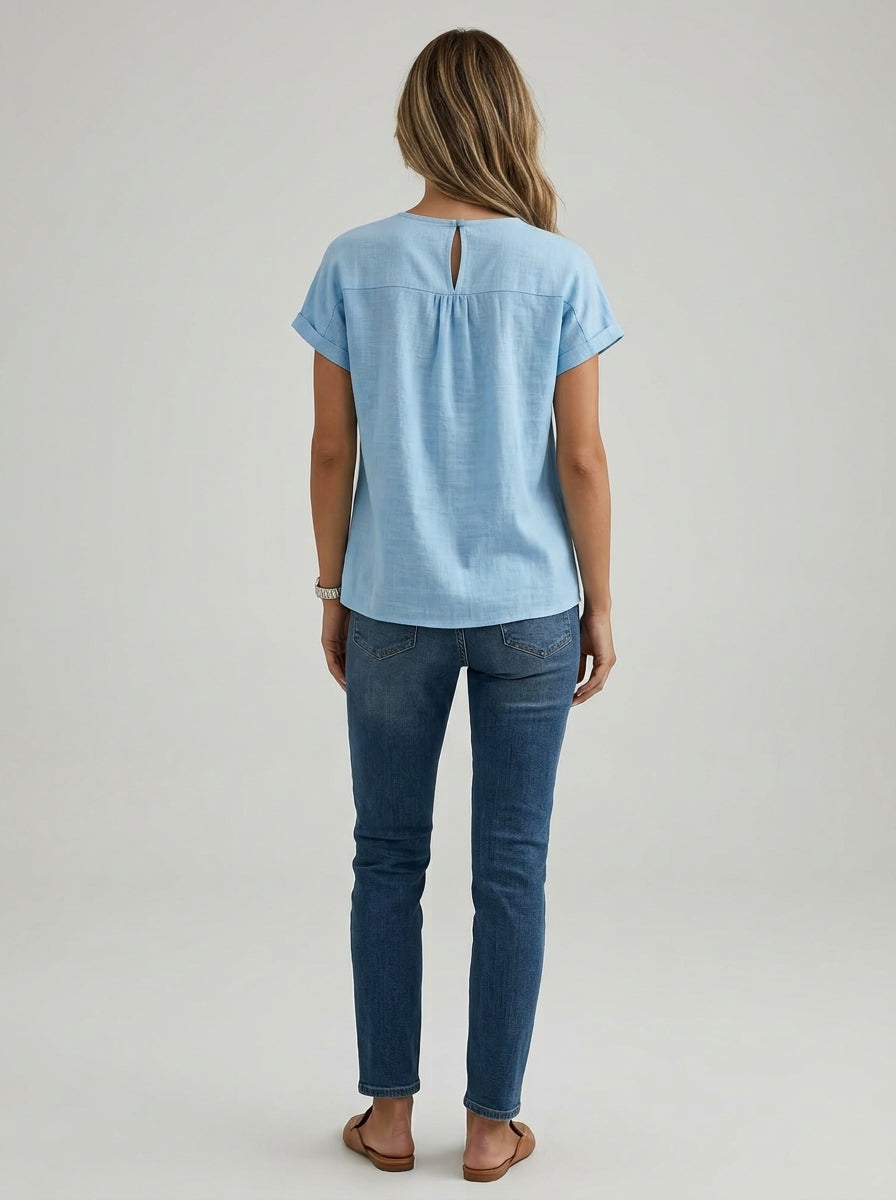 Casual Linen Cotton Tie-Neck Blouse in Light Blue - Short Sleeve Draped Bow Top