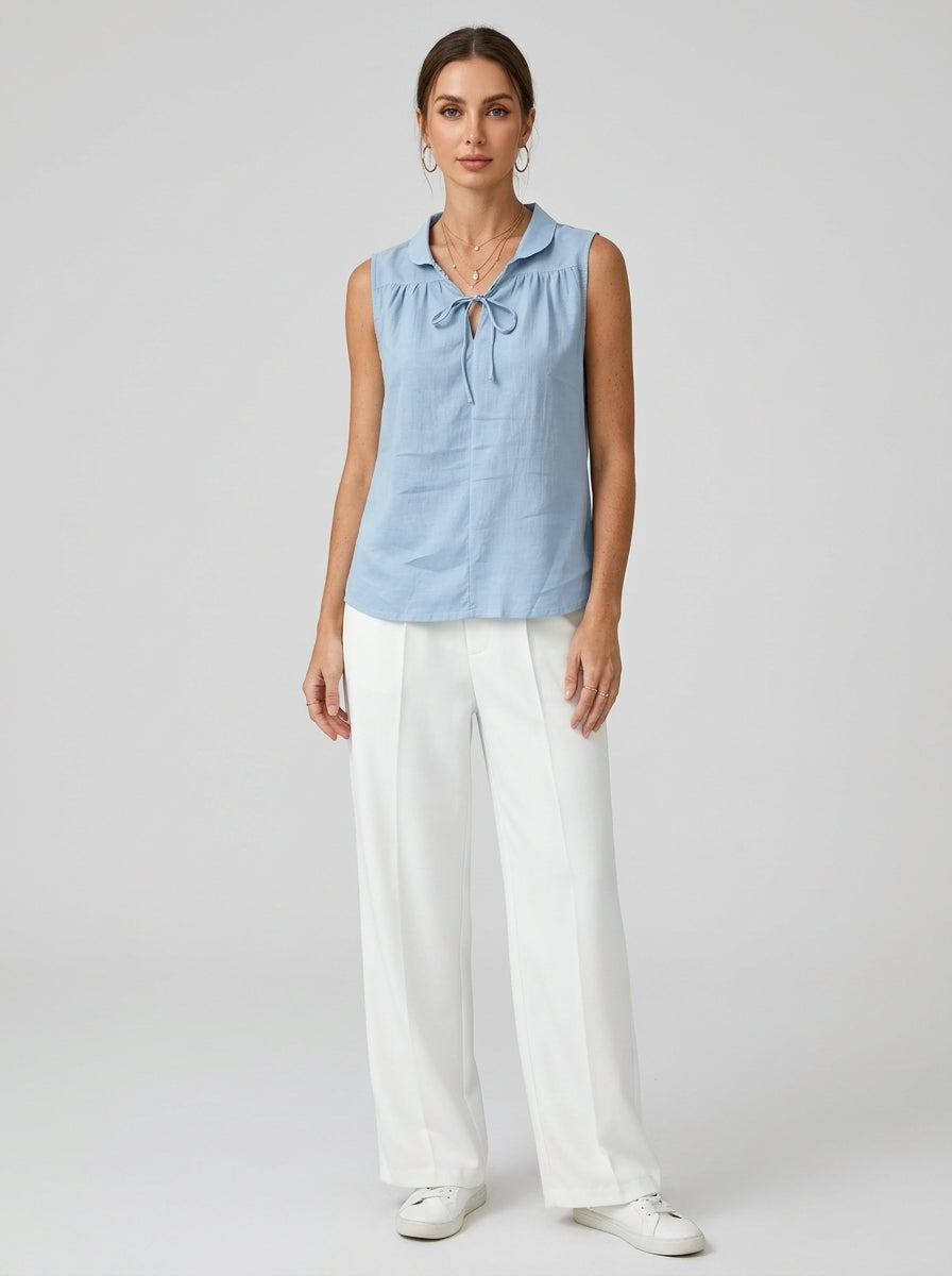 Light Blue Tie-Neck Collared Blouse - Sleeveless Cotton Top