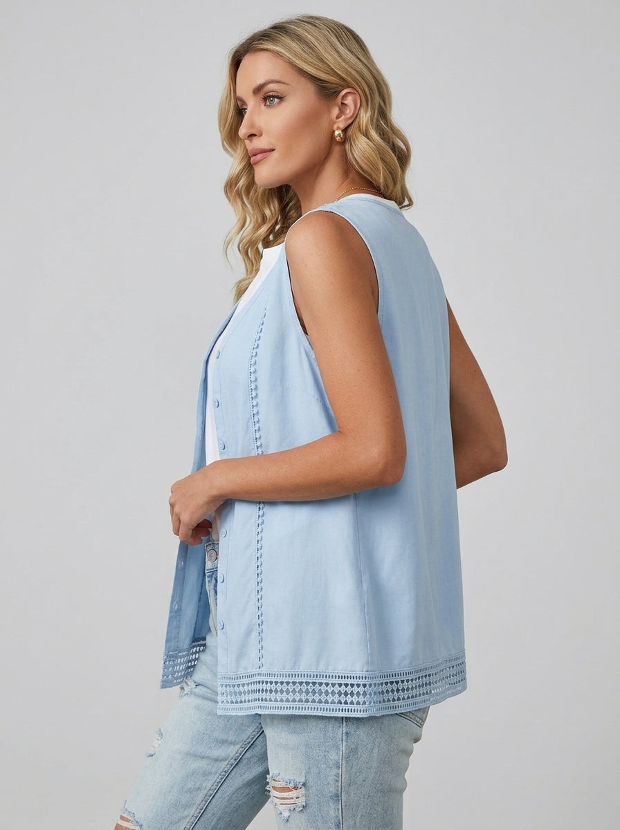 Blue Crochet Trim Button Vest - Sleeveless Linen Cotton Cardigan