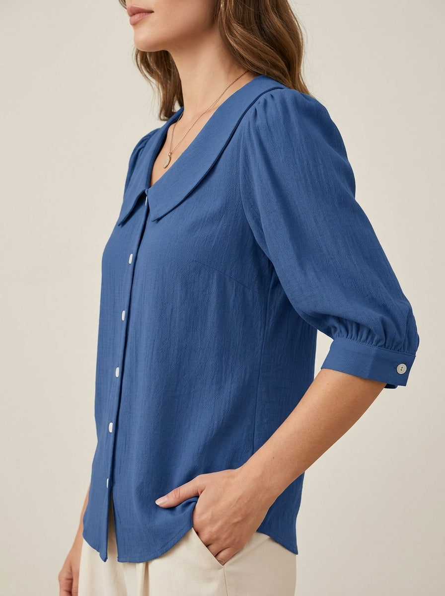 Retro Cotton Peter Pan Collar Button-Up Top in Blue - 3/4 Sleeve Relaxed Fit Blouse