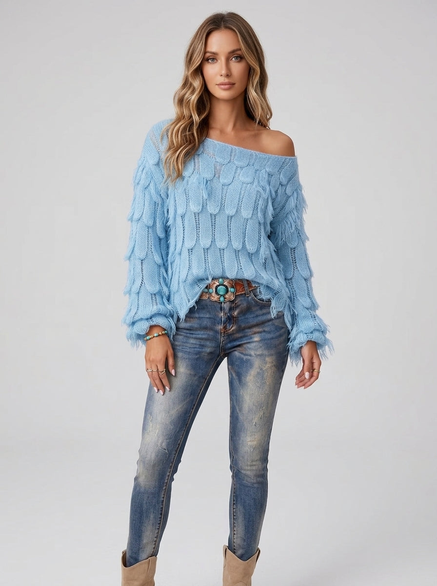 Boho Feather-shaped Bell-sleeve Knit Pullover - Sky Blue Off-Shoulder Fringe Knit Sweater
