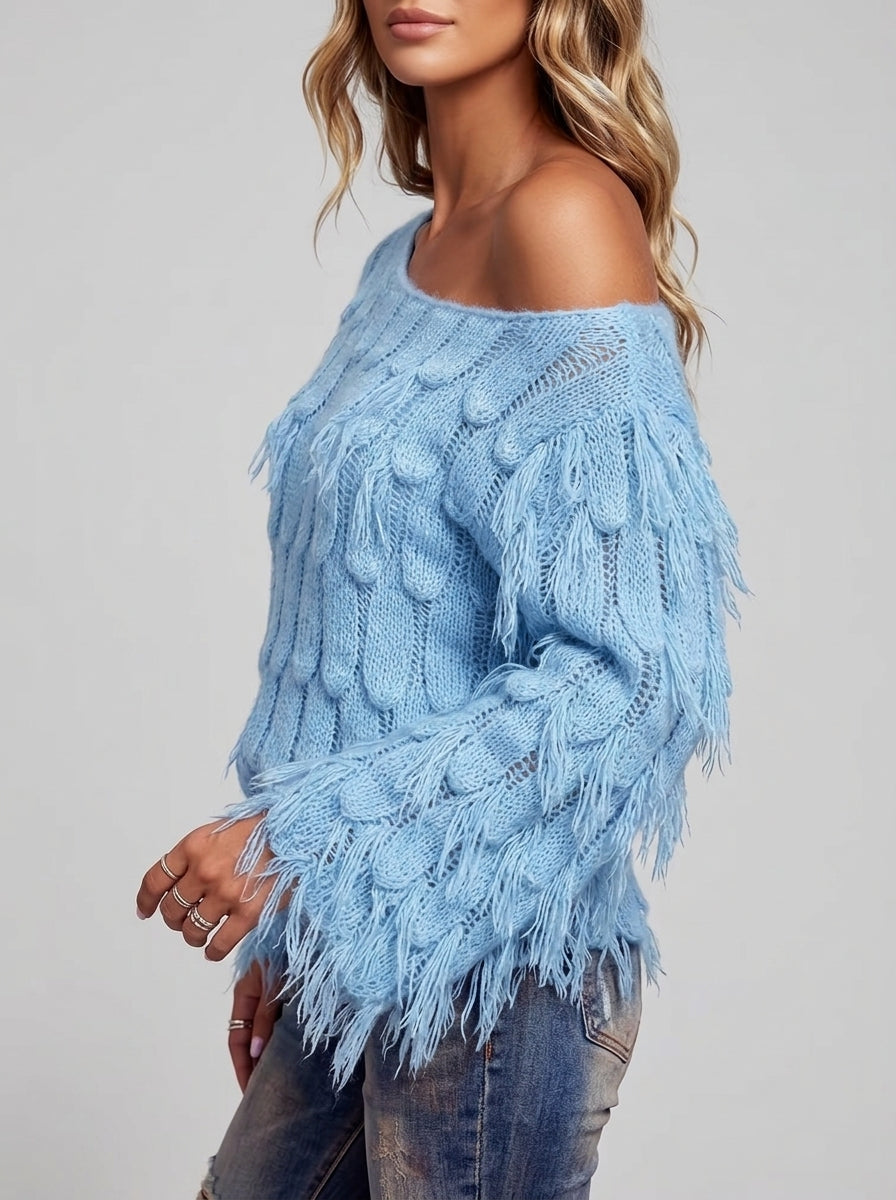 Boho Feather-shaped Bell-sleeve Knit Pullover - Sky Blue Off-Shoulder Fringe Knit Sweater