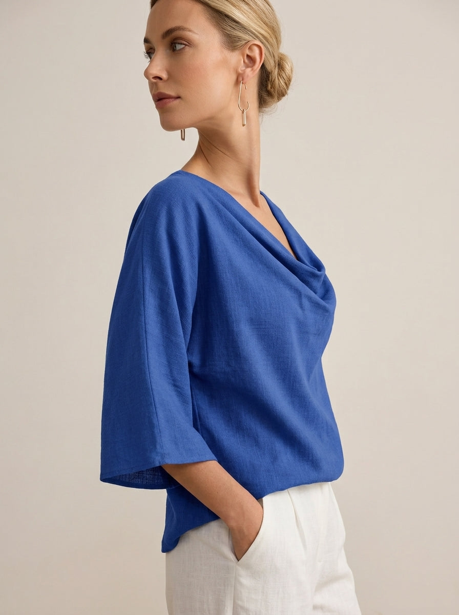 Elegant Cotton Linen Blouse - Blue Cowl Neck 3/4 Sleeve Top