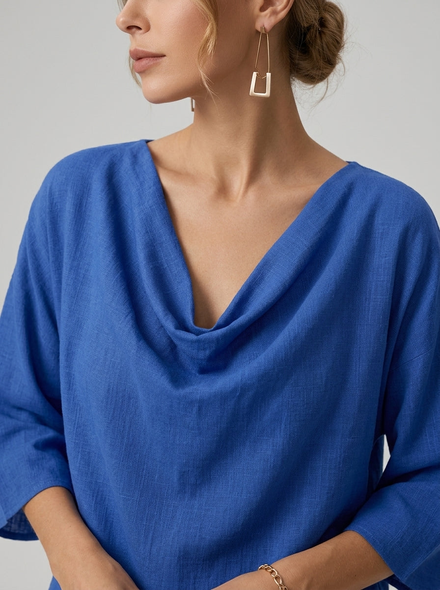 Elegant Cotton Linen Blouse - Blue Cowl Neck 3/4 Sleeve Top
