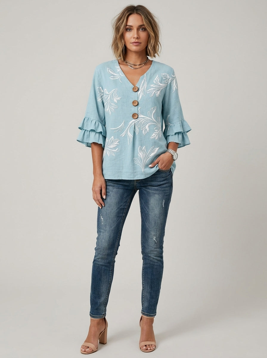 Casual Botanical Leaf Print Button-Front Top in Light Blue - Ruffle Sleeve V-Neck Blouse