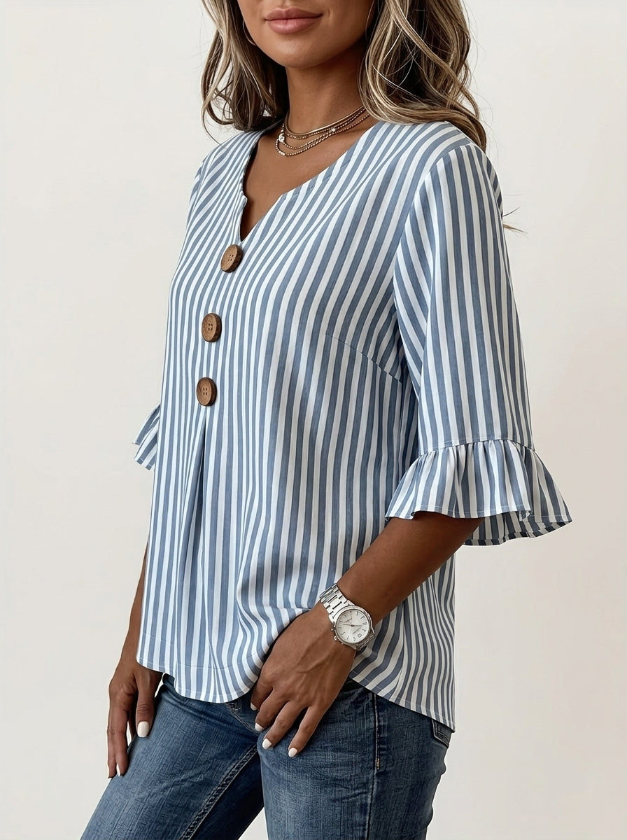 Blue Striped Blouse - Wood Button Ruffle Sleeve V-Neck Casual Top