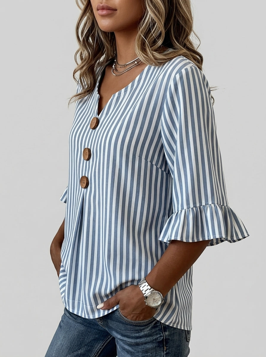 Blue Striped Blouse - Wood Button Ruffle Sleeve V-Neck Casual Top