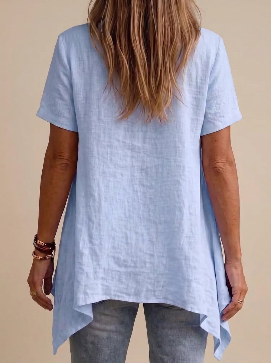 Cowl Neck Asymmetric Hem Top - Short Sleeve Handkerchief Blouse