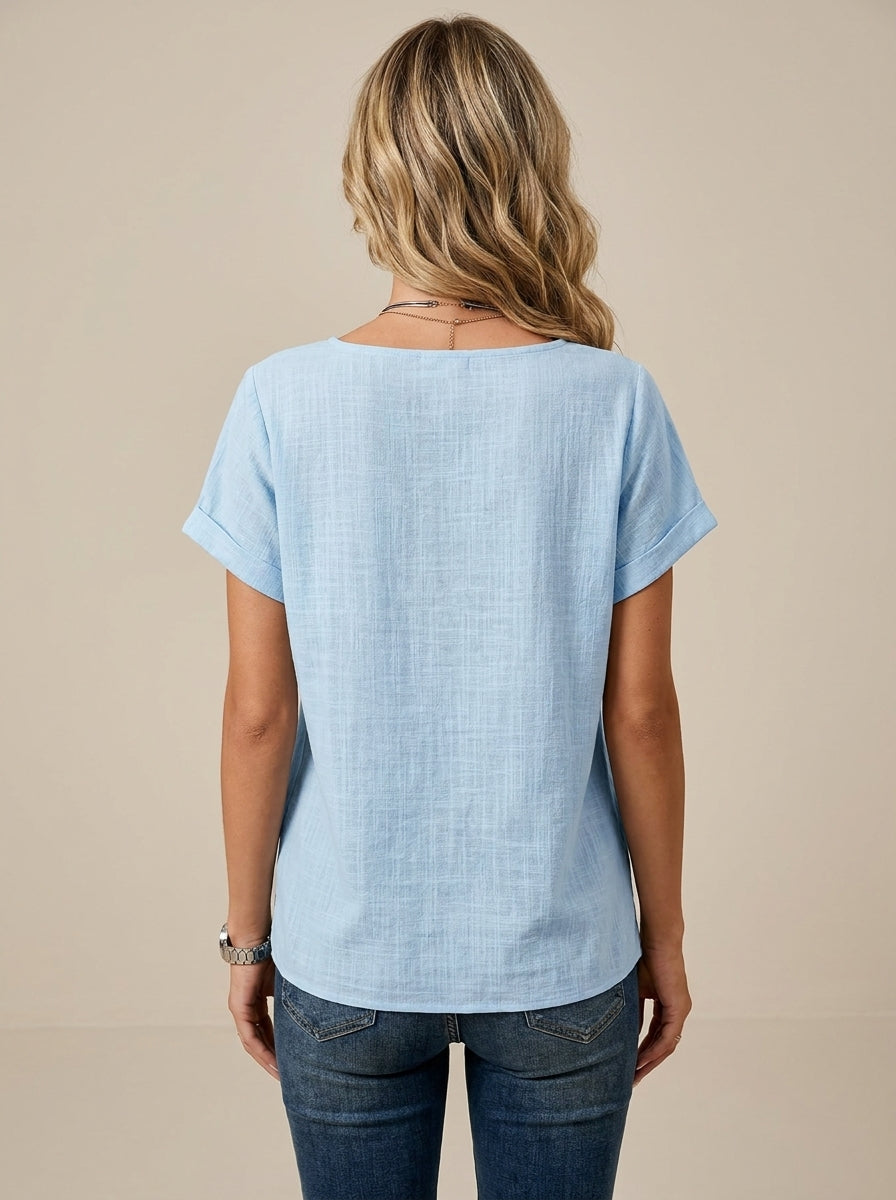 Sweetheart Neckline Short Sleeve Top - Solid Color Casual Blouse
