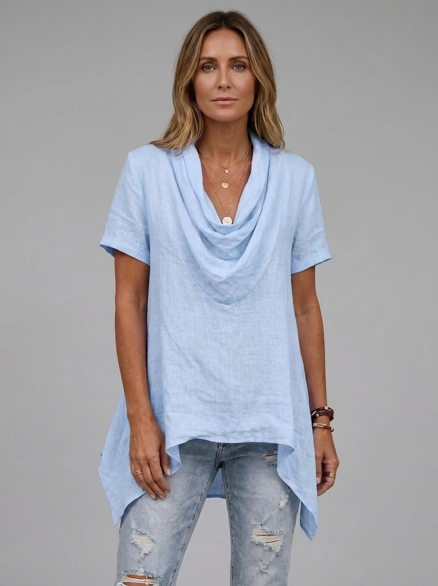 Cowl Neck Asymmetric Hem Top - Short Sleeve Handkerchief Blouse