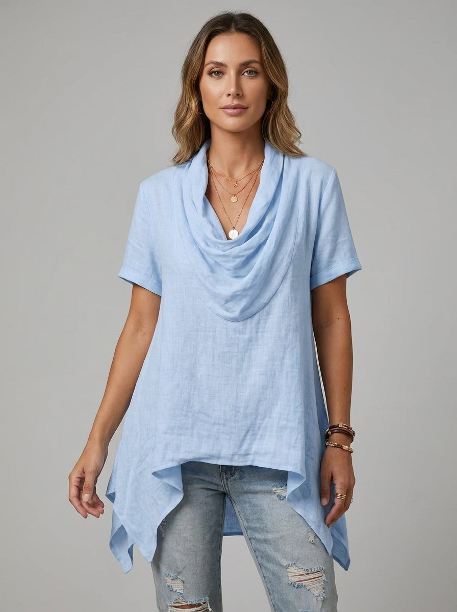 Cowl Neck Asymmetric Hem Top - Short Sleeve Handkerchief Blouse