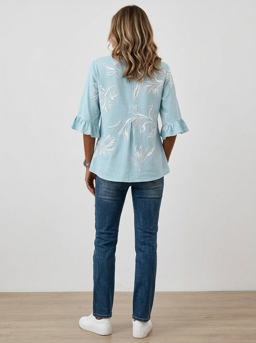 Casual Botanical Leaf Print Button-Front Top in Light Blue - Ruffle Sleeve V-Neck Blouse