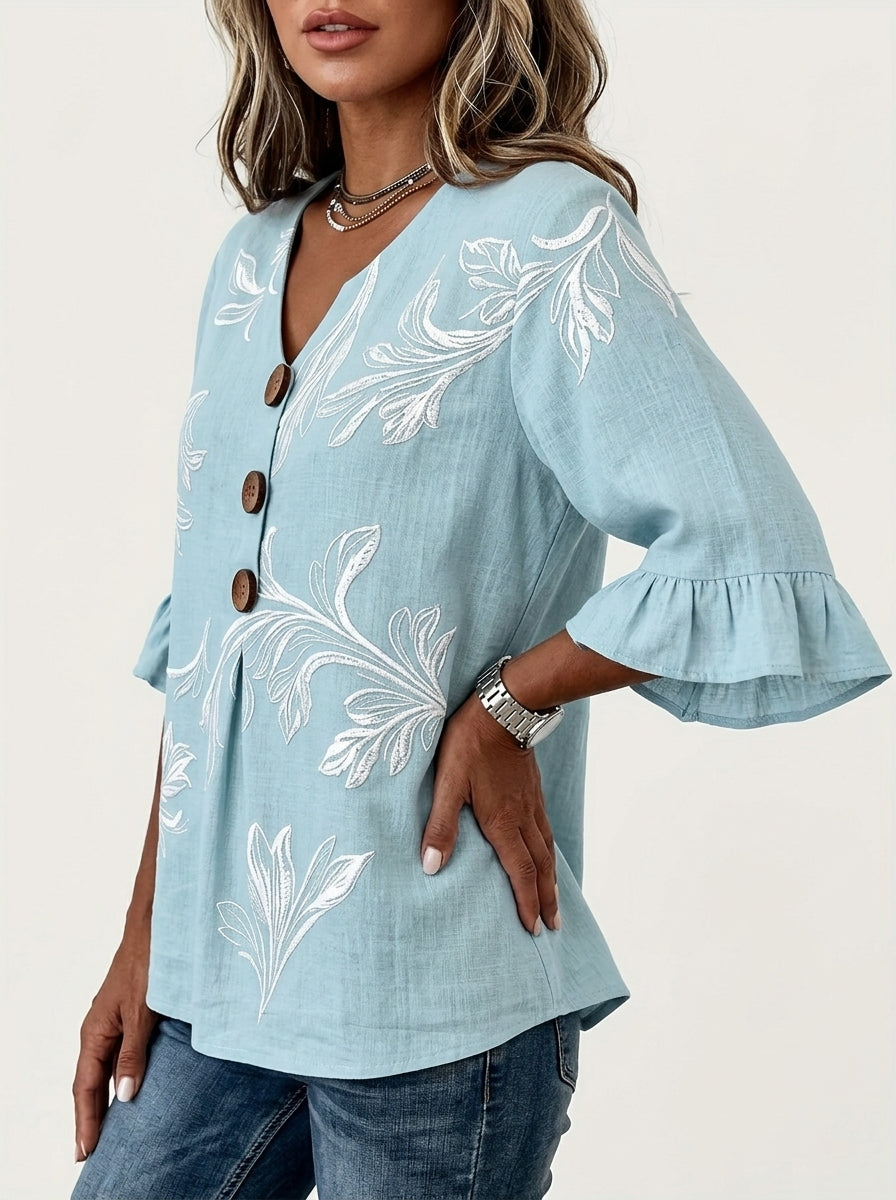 Casual Botanical Leaf Print Button-Front Top in Light Blue - Ruffle Sleeve V-Neck Blouse