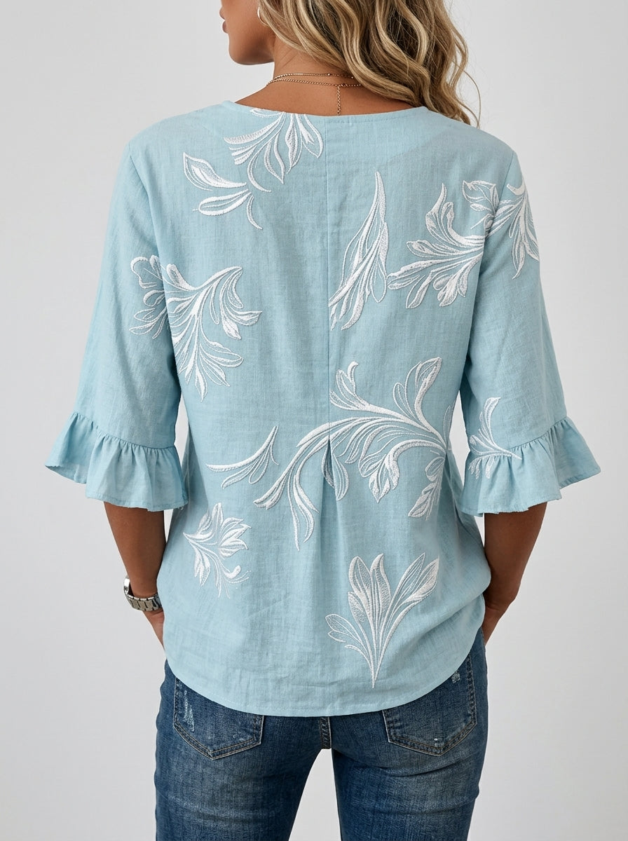 Casual Botanical Leaf Print Button-Front Top in Light Blue - Ruffle Sleeve V-Neck Blouse