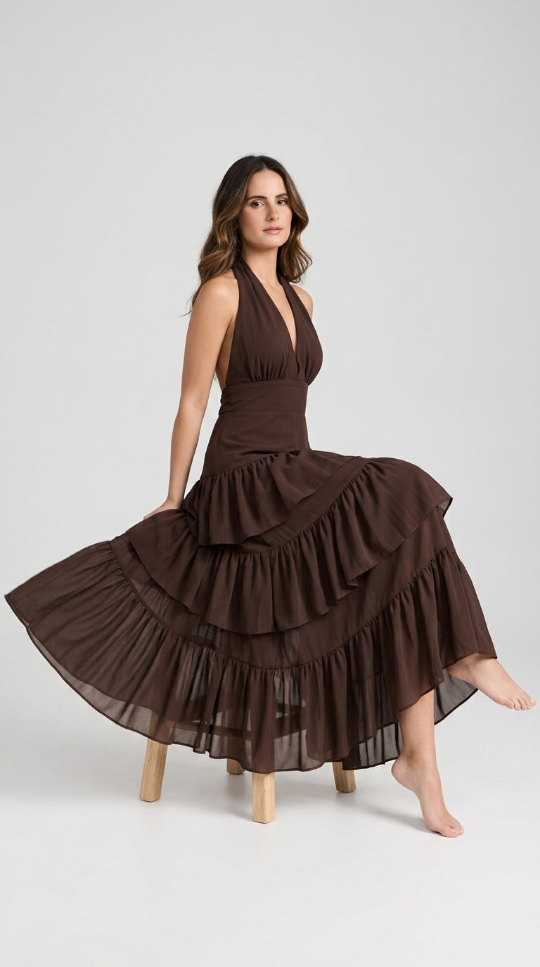 Manila Dress in Brown - Halter Tiered Ruffle Maxi Dress